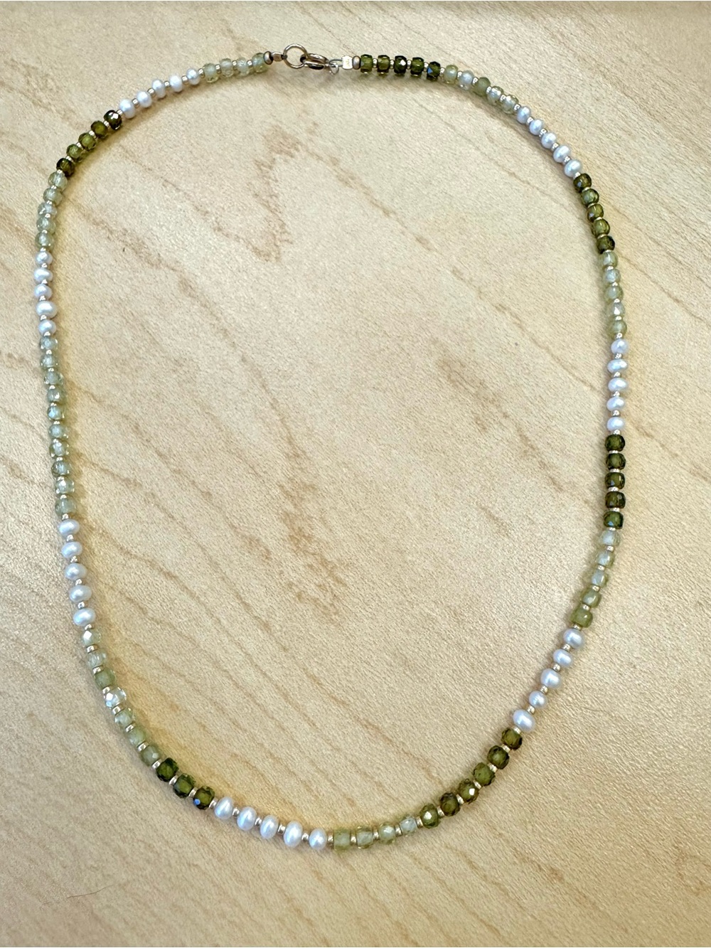 Delicate Olive Green Ombre Zircon, White Pearl & Matte Gold Tone Necklace